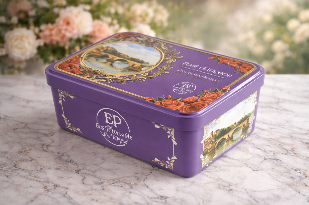 Sugar Box with purple printed artwork